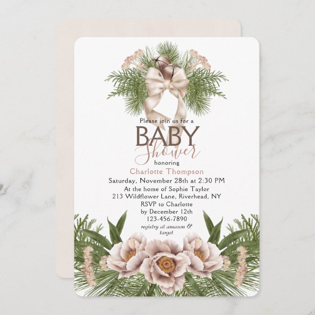 Blush Pink Watercolor Winter Floral Baby Shower Invitation (Front/Back)