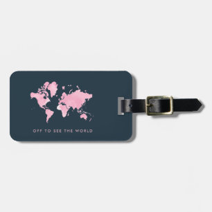 Blush Pink Watercolor World Map on Navy Blue Luggage Tag