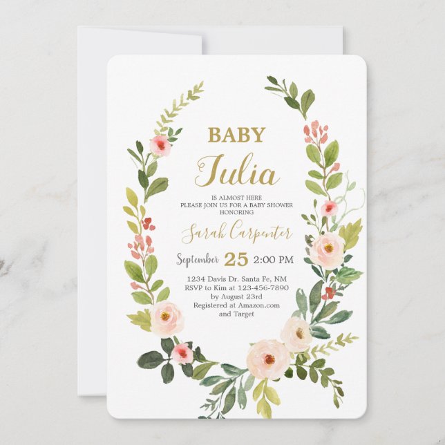 Blush pink watercolor wreath Baby Shower Invitation (Front)