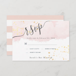 Blush Pink Watercolor x Gold Splatters Bat Mitzvah RSVP Card
