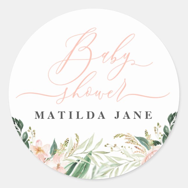 Blush pink watercolour floral baby shower classic round sticker (Front)