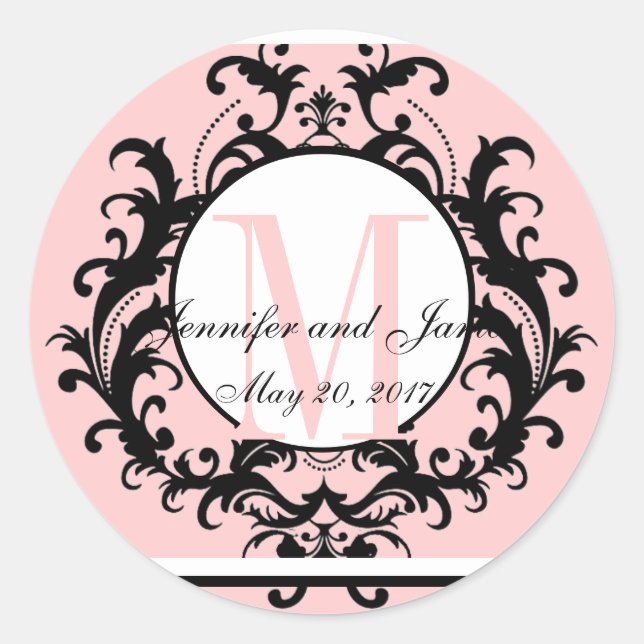 Blush Pink Wedding Initial Names Date Classic Round Sticker (Front)