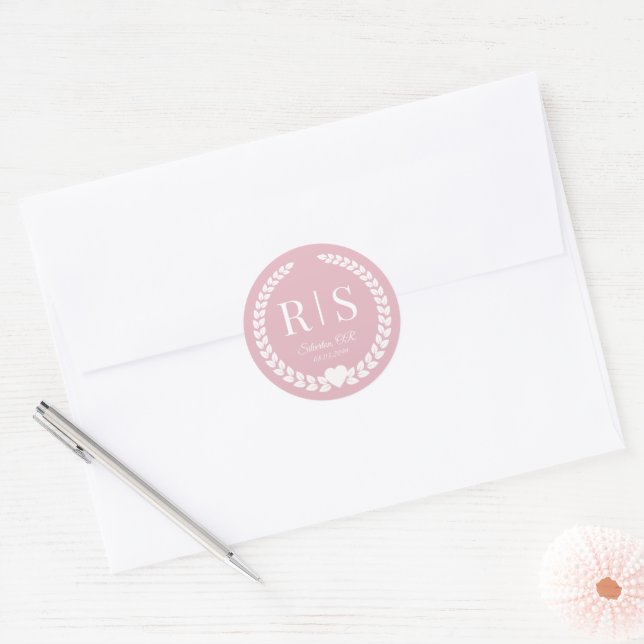 Blush Pink Wedding Monogram Initials Classic Round Sticker (Envelope)
