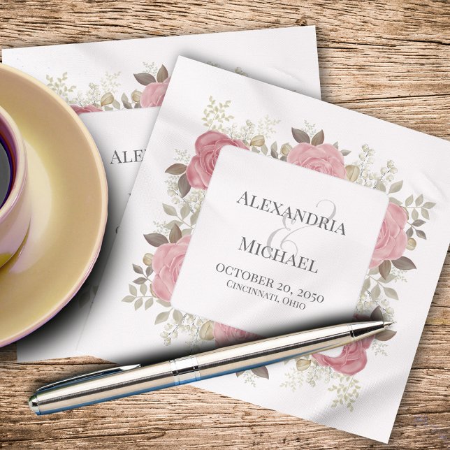 Blush Pink Wedding Personalised Floral Napkin (Custom wedding napkin with elegant blush pink roses and foliage. )
