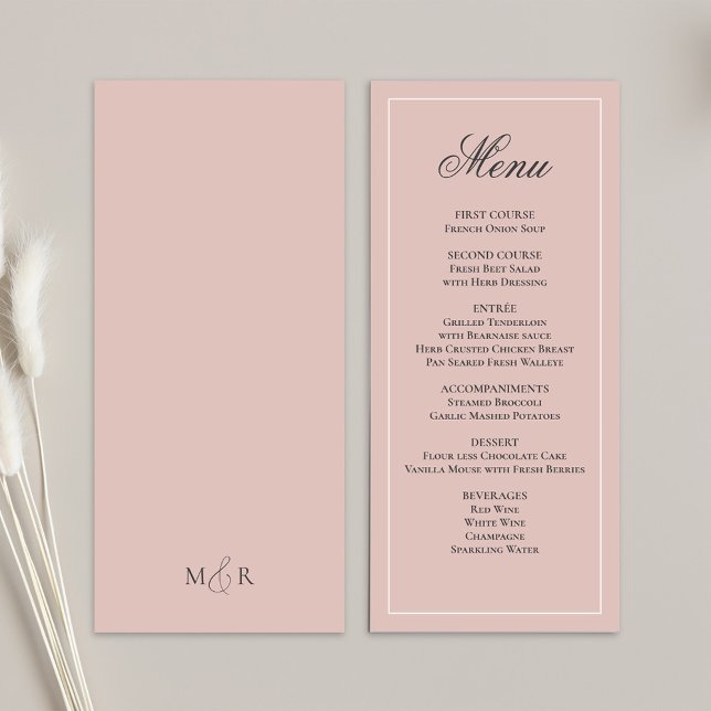 Blush Pink Wedding Script Dinner Menu (Blush pink wedding menu card template. )
