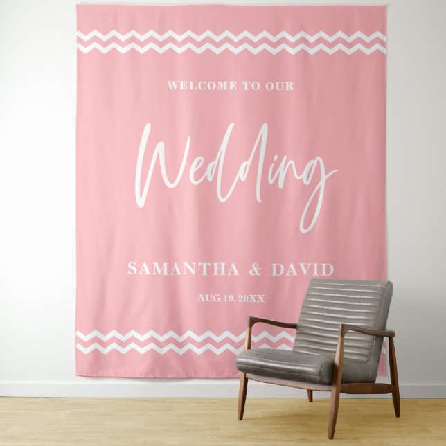 Blush Pink Wedding Welcome Sign Backdrop Tapestry (In Situ)
