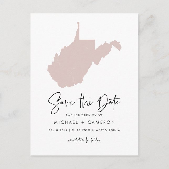 Blush Pink West Virginia Map Script Save the Date Announcement Postcard (Front)