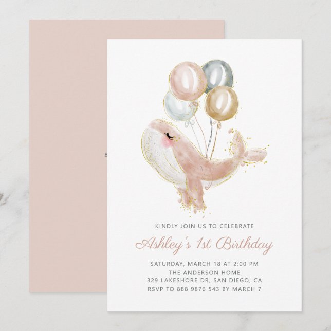 Blush Pink Whale Gold Glitter First Birthday Party Invitation (Front/Back)