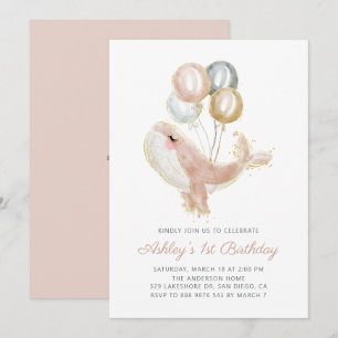 Blush Pink Whale Gold Glitter First Birthday Party Invitation