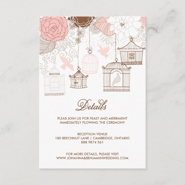 Blush Pink Whimsical Birdcages Details Card (Front)