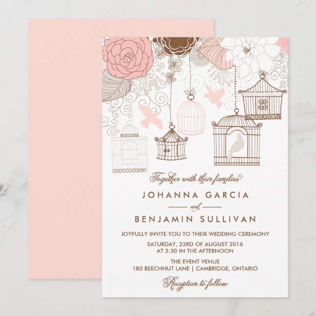Blush Pink Whimsical Birdcages Wedding Invitation (Front/Back)