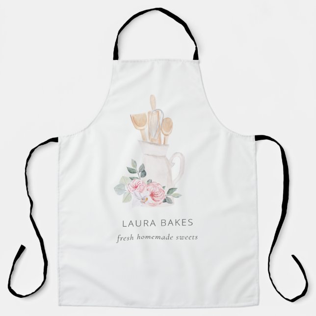 Blush Pink Whisk Spatula Floral Baking Utensils  Apron (Front)