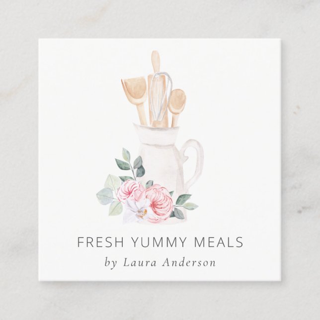 Blush Pink Whisk Spatula Floral Baking Utensils Square Business Card (Front)