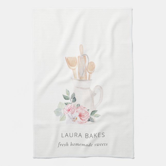 Blush Pink Whisk Spatula Floral Baking Utensils  Tea Towel (Vertical)