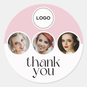 Blush Pink White 3 Photo MUA Logo Thank You Classic Round Sticker