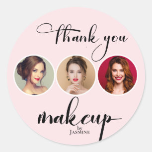 Blush Pink White 3 Photo MUA Thank You Classic Round Sticker