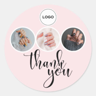 Blush Pink White 3 Photo Nail Tech Logo Thank You Classic Round Sticker