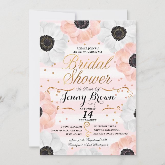 Blush Pink & White Anemone Floral Bridal Shower Invitation (Front)
