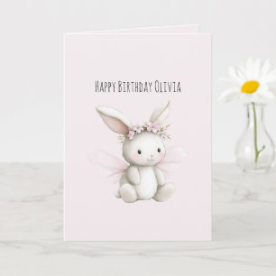 Blush Pink White Bunny Flower Birthday Card