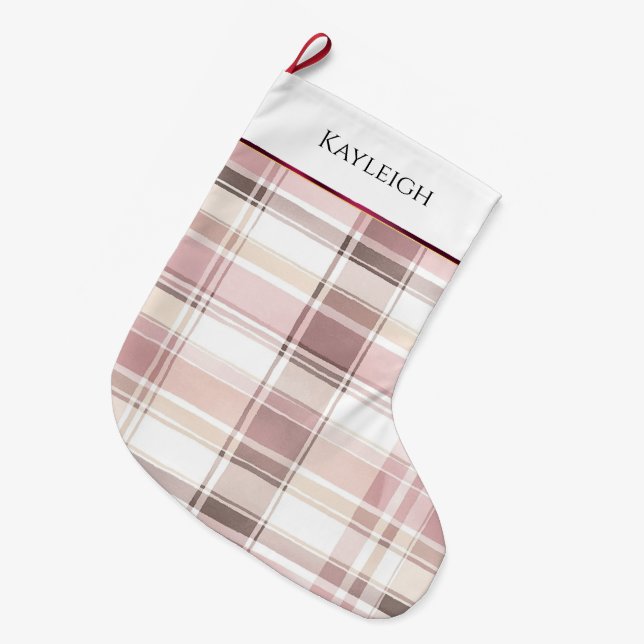 Blush pink white burgundy plaid stripes Christmas Large Christmas Stocking (Front (Hanging))