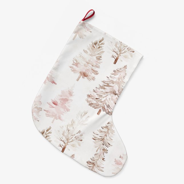 Blush pink white Christmas trees Large Christmas Stocking (Front (Hanging))