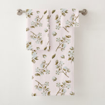 Blush Pink White Cotton Boll Stem Watercolour