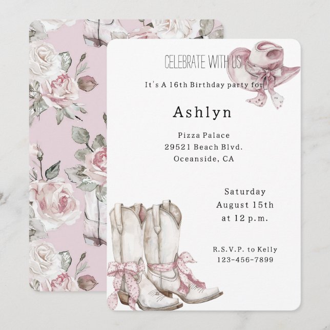 Blush Pink White Cowgirl Boots Hat Birthday   Invitation (Front/Back)