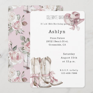 Blush Pink White Cowgirl Boots Hat Birthday   Invitation