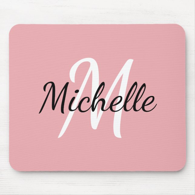 Blush Pink & White Custom Monogram Add Your Name Mouse Mat (Front)