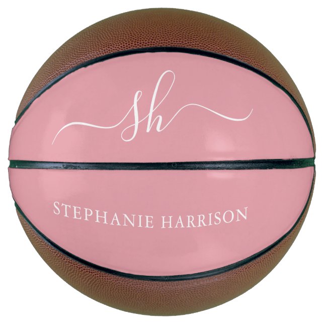 Blush Pink White Custom Name Monogram  Basketball (Front)