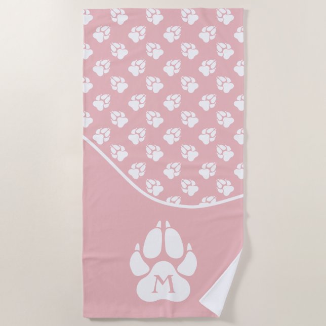 Blush Pink & White Dog Paws & Custom Monogram Beach Towel (Front)