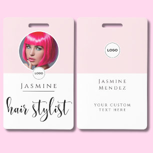 Blush Pink White Elegant Photo Hair Stylist ID Badge