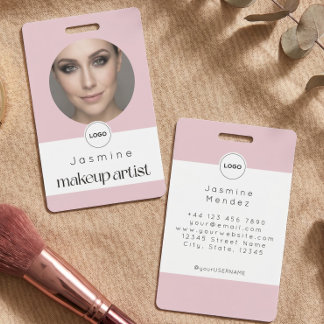 Blush Pink White Elegant Photo Makeup Artist ID Badge