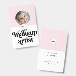 Blush Pink White Elegant Photo Makeup Artist ID Badge