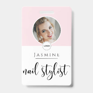 Blush Pink White Elegant Photo Nail Stylist ID Badge