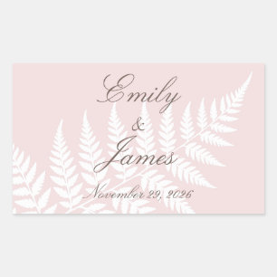 Blush Pink White Fern Elegant Personalised Wedding Rectangular Sticker