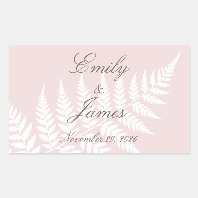 Blush Pink White Fern Elegant Personalised Wedding Rectangular Sticker (Front)