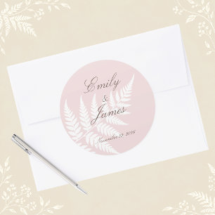 Blush Pink White Fern Elegant Wedding Classic Round Sticker