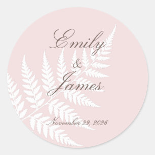 Blush Pink White Fern Minimalist Botanical Wedding Classic Round Sticker