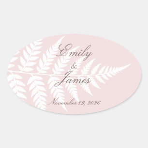 Blush Pink White Fern Refined Woodland Wedding Oval Sticker