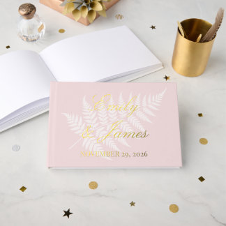 Blush Pink White Fern Simply Elegant Gold Guest Book