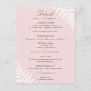 Blush Pink White Fern Wedding Details Enclosure Card