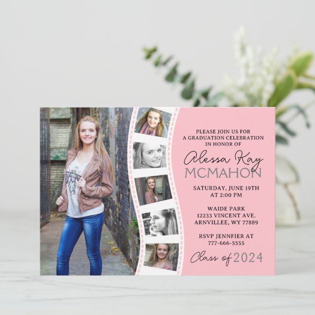 Blush Pink & White Filmstrip 6 Photo Graduation Invitation (Standing Front)