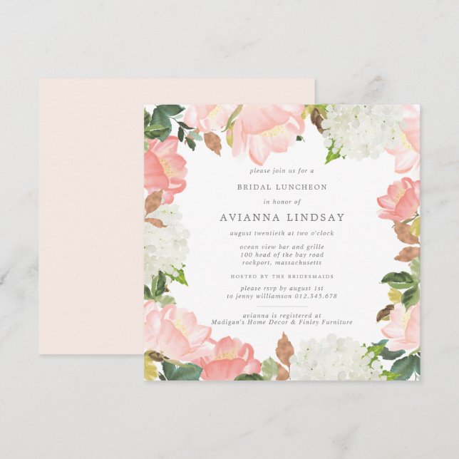 Blush Pink White Floral Bridal Luncheon Invitation (Front/Back)