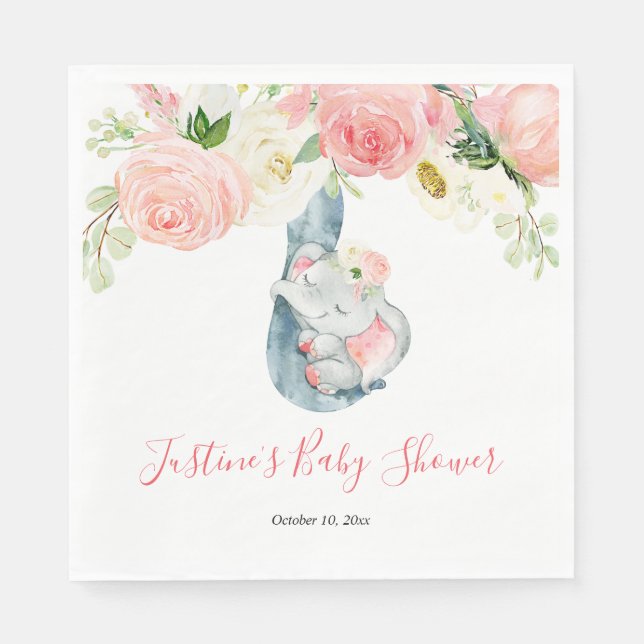 Blush pink white floral elephant baby shower napkin (Front)