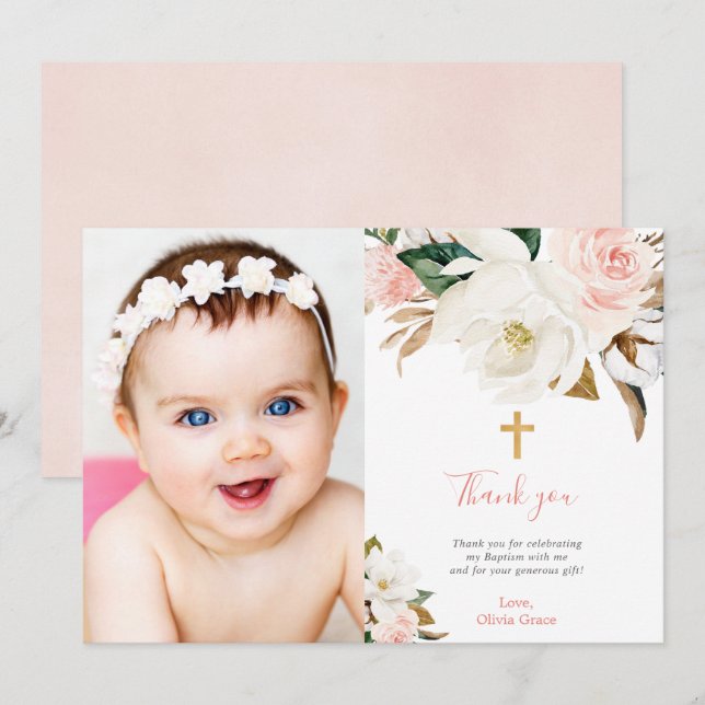 Blush pink white floral girl baptism communion invitation (Front/Back)