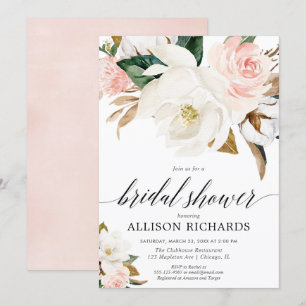 Blush pink white floral rustic fall bridal shower invitation