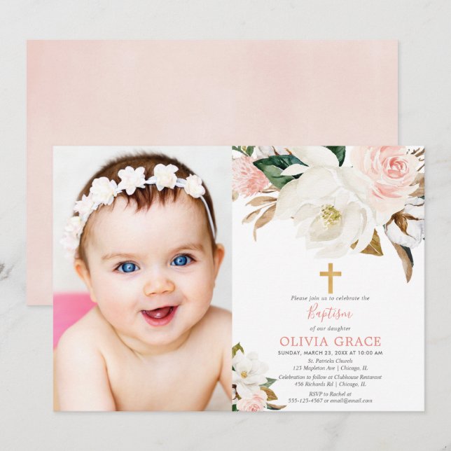 Blush pink white floral rustic girl baptism photo invitation (Front/Back)