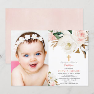 Blush pink white floral rustic girl baptism photo invitation
