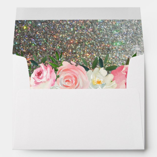 Blush Pink & White Floral & Silver Glitter Envelope (Back (Bottom))